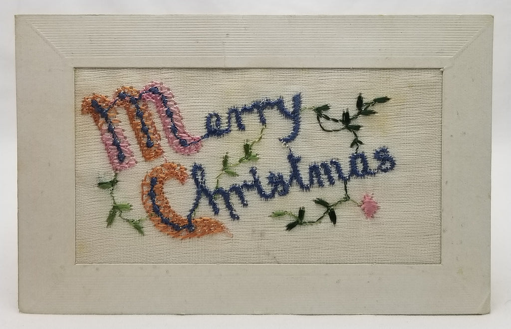 Vintage Antique Christmas Postcard Embroidered Merry Christmas Swiss Embroidery Card