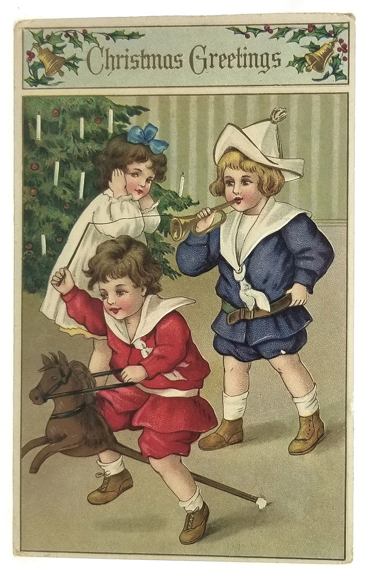 Vintage Christmas Postcard, Antique Holiday German Post Card, Children Playing Near Decorated Tree BW 7