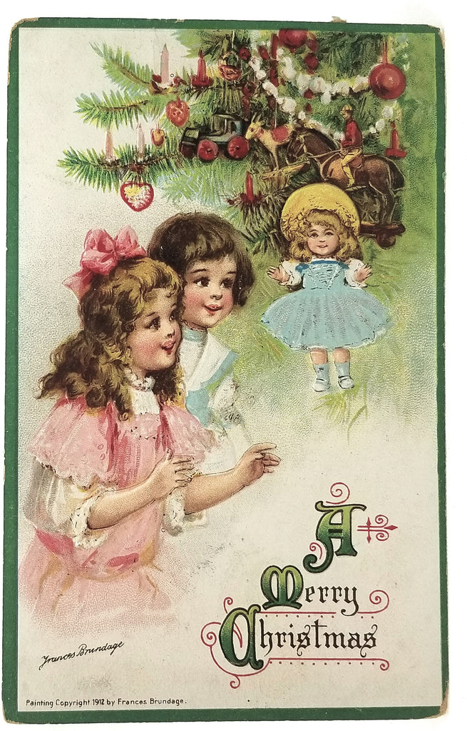 Vintage Christmas Postcard, Embossed Series 208 Frances Brundage Happy Children Toys on Tree, Antique Holiday German Post Card