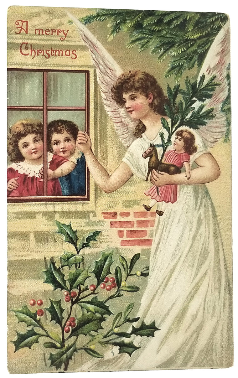 Vintage Christmas Postcard, Antique Holiday German Post Card, Angel in White at Window of Children with Gifts Series 140