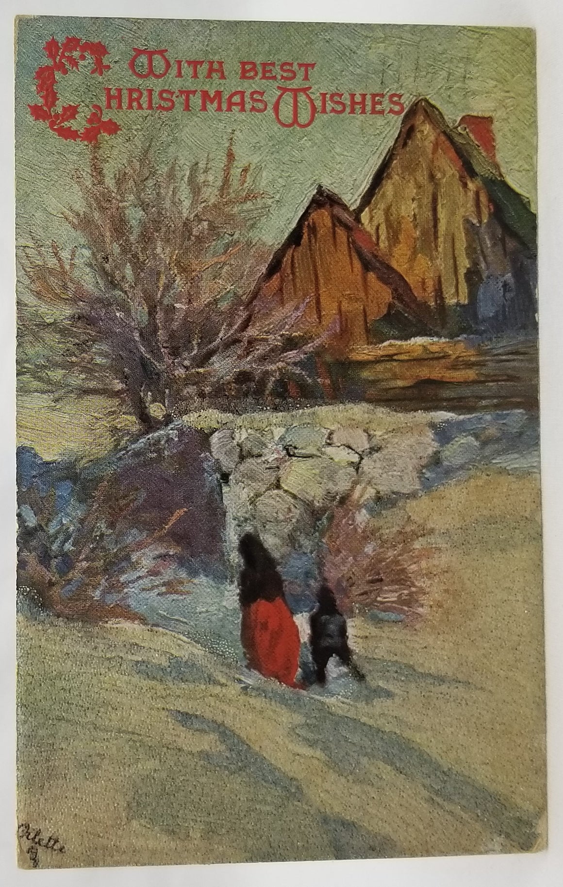 Vintage Antique Christmas Postcard Winter Landscape Series People Walking in Snowy Landscape Oilette Tuck Pub