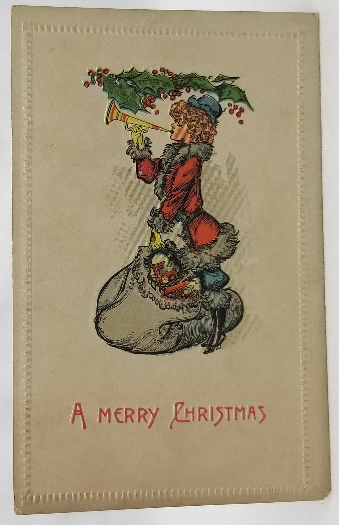 Vintage Antique Christmas Postcard Sexy Femme Fatale Female Santa Claus with Toy Bag Blowing Horn