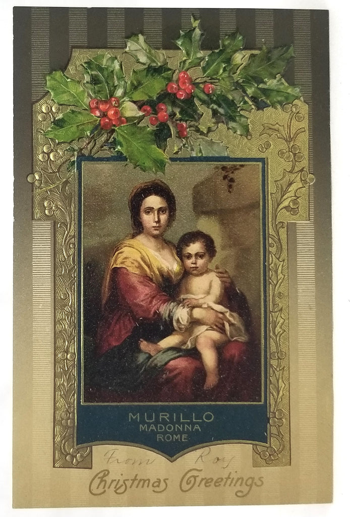 Vintage Christmas Postcard, Embossed Antique Religious Themed Card After Murillo Madonna & Child Winsch Pub