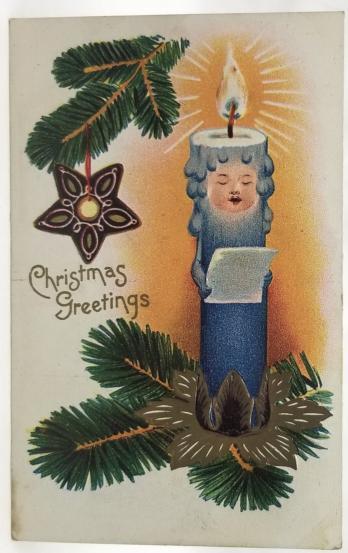 Vintage Christmas Postcard, Embossed  Antique Holiday German Post Card, Anthropomorphic Candle Ornament Singing