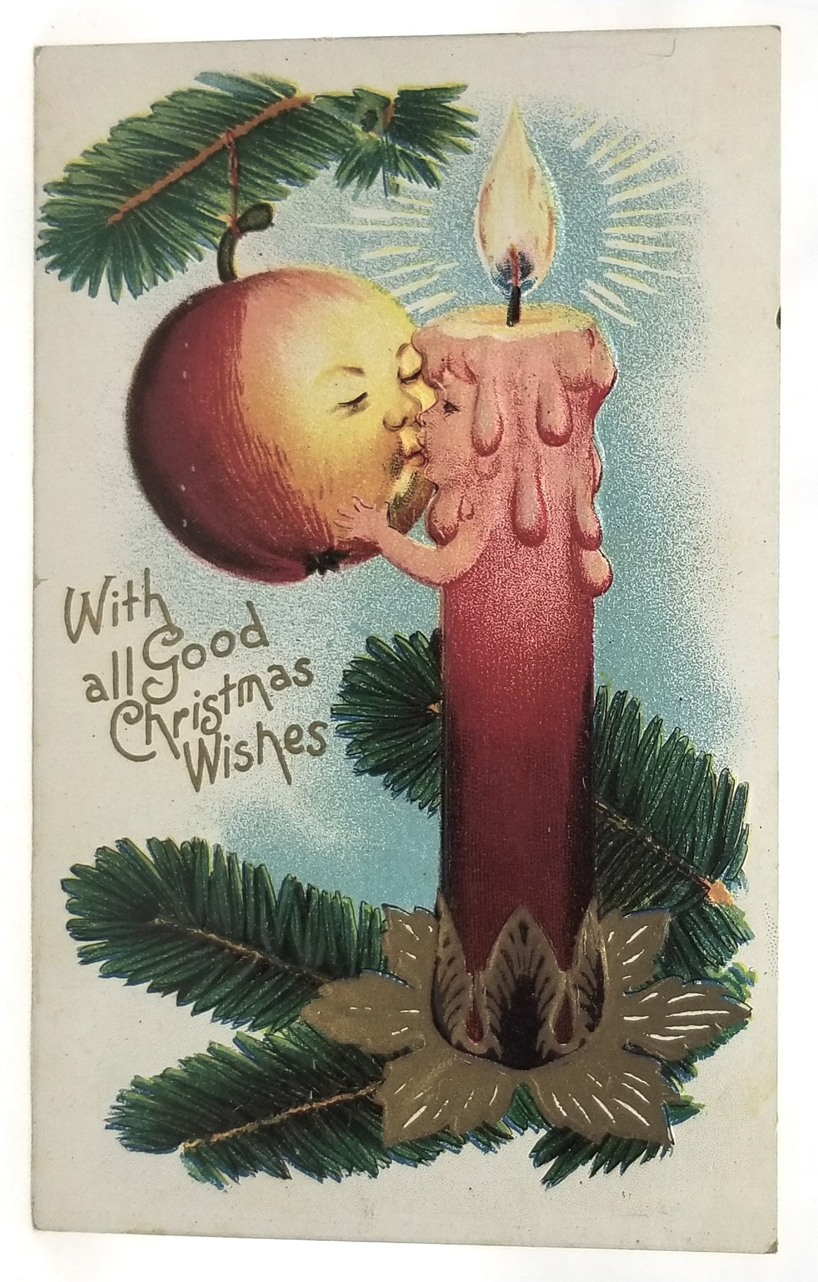 Vintage Christmas Postcard, Embossed  Antique Holiday German Post Card, Anthropomorphic Candle Ornament & Apple Kissing