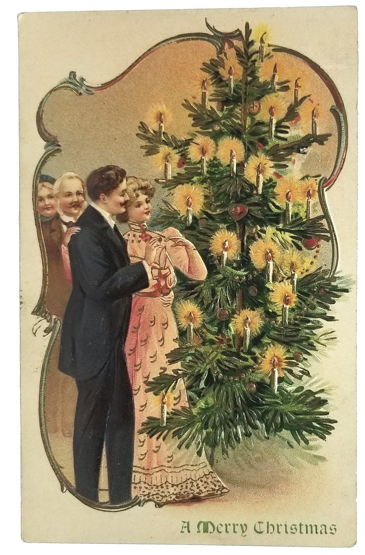 Vintage Christmas Postcard, Embossed  Antique Holiday German Post Card, Edwardian Couple at Tree with Lit Candles