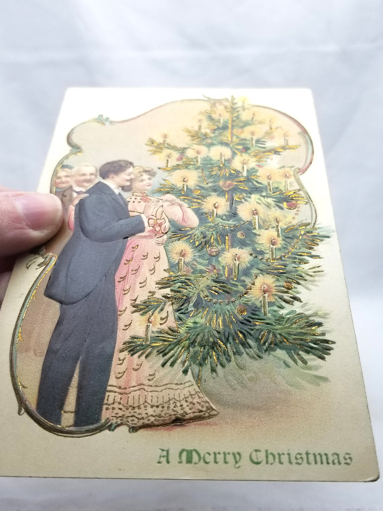 Vintage Christmas Postcard, Embossed  Antique Holiday German Post Card, Edwardian Couple at Tree with Lit Candles