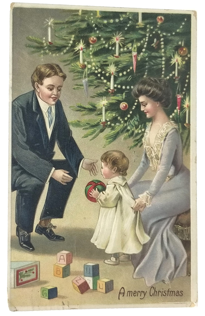 Vintage Christmas Postcard, Embossed  Antique Holiday German Post Card, Mother & Father with Baby, Edwardian Family Under Tree with Gifts