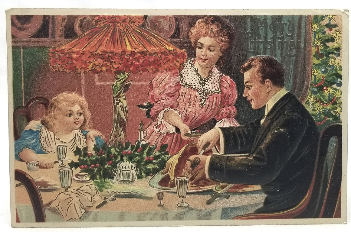 Vintage Christmas Postcard, Embossed  Antique Holiday German Post Card, Edwardian Family Having Holiday Dinner