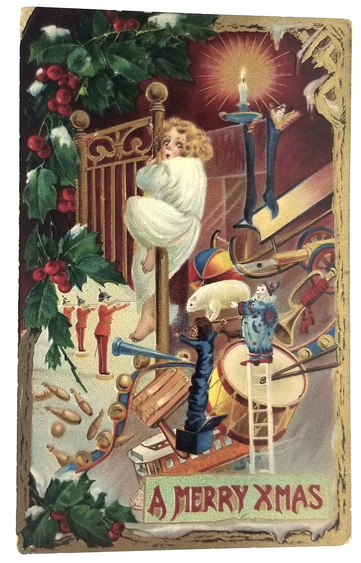 Vintage Christmas Postcard, Embossed  Antique Holiday Post Card, Little Girl Crawling Away as Toys Come Flying By Series 383