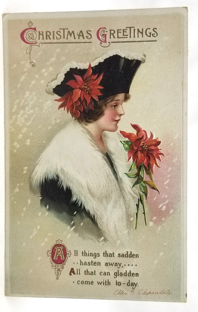 Vintage Christmas Postcard, Embossed Antique Card Woman in Winter Dress with Poinsettias Artist Ellen Clapsaddle Series 3597