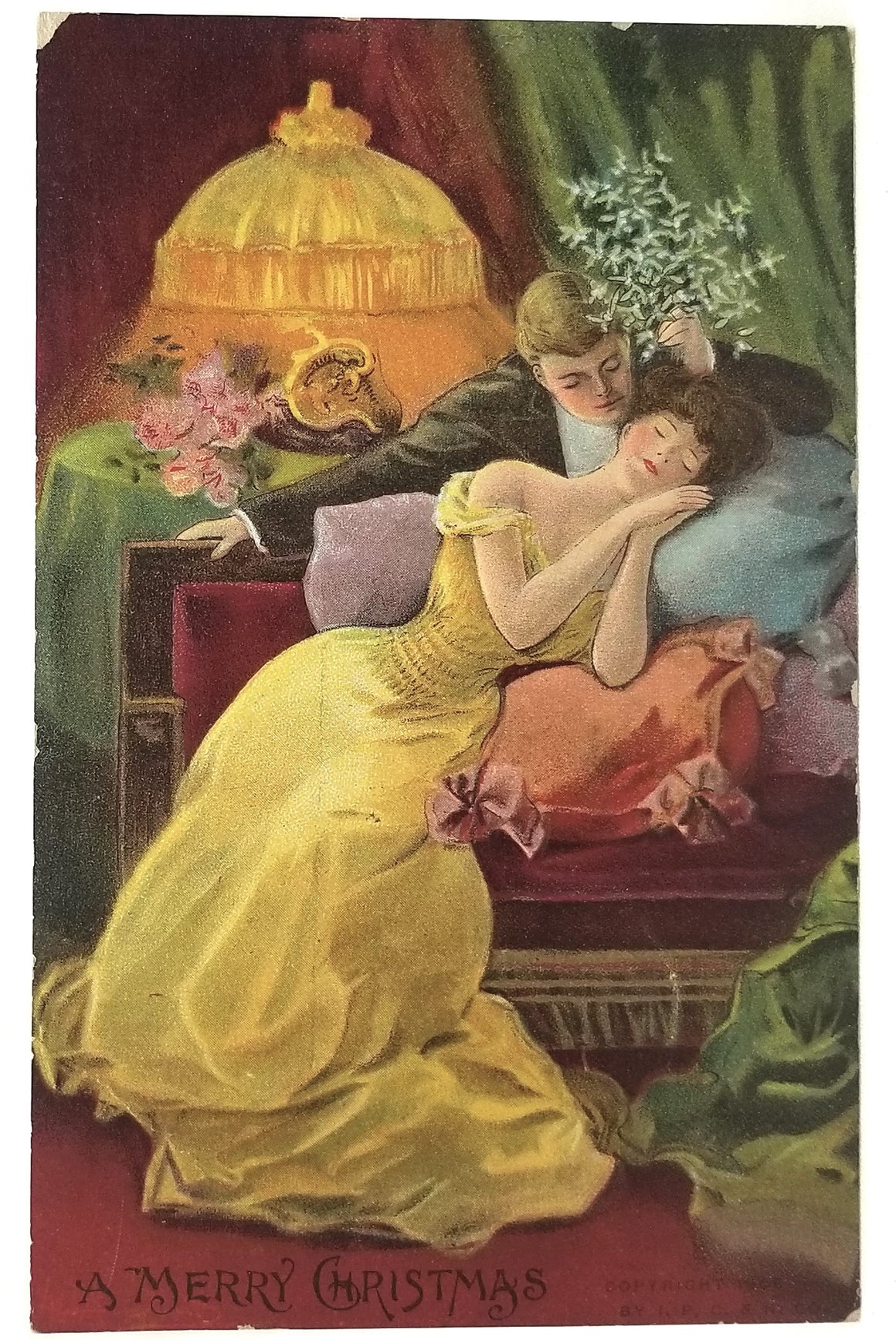 Vintage Christmas Postcard, Embossed  Antique Holiday Post Card, Edwardian Woman in Yellow Gown Sleeping with Man Whispering Nearby