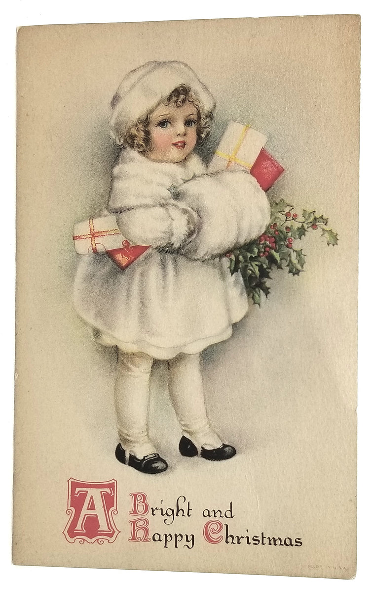 Vintage Christmas Postcard, Antique Holiday Card by Artist Ellen Clapsaddle Little Girl in White Fur Jacket Holding Gifts Series 35 Wolf Pub