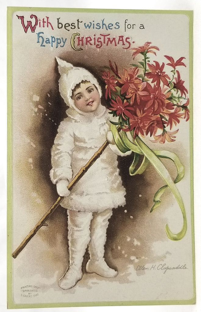 Vintage Christmas Postcard, Antique Holiday Card by Artist Ellen Clapsaddle Child in White Fur Elf Suit Holding Poinsettia Bouquet