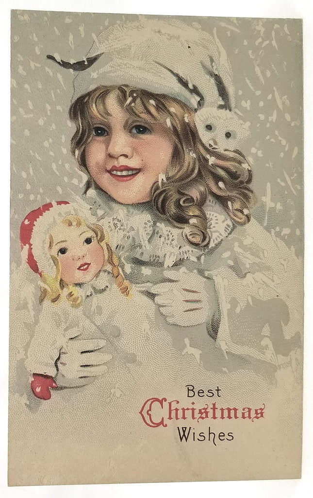 Vintage Christmas Postcard, Antique Holiday Card, Little Girl in Snow Holding Doll with White Teddy Bear Series 736A