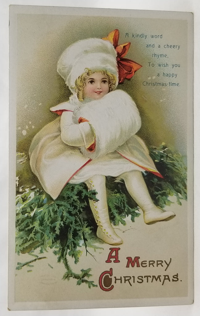 Vintage Christmas Postcard, Antique Holiday Card by Artist Ellen Clapsaddle Little Girl in White Fur on Pine Branches Series 1391 IAP Pub