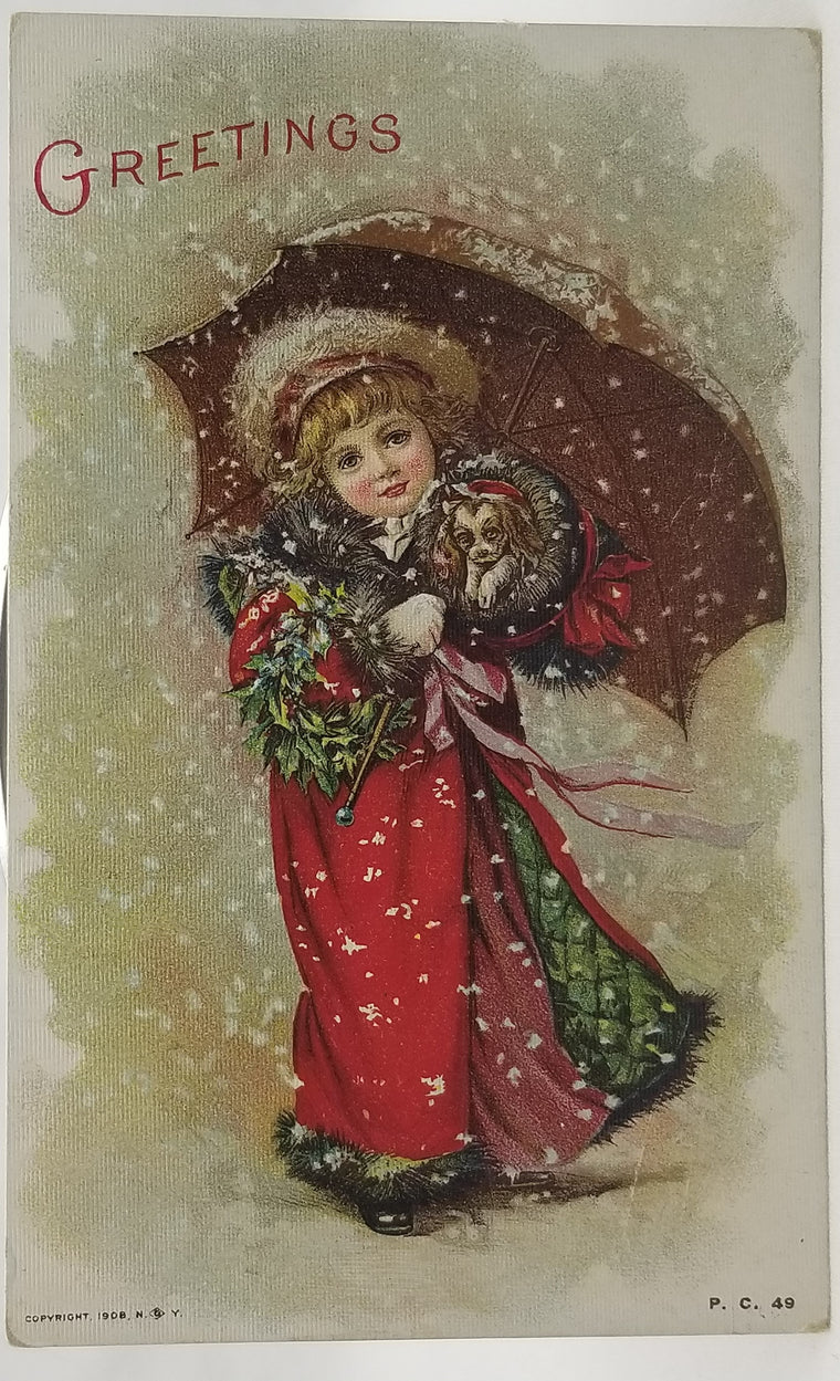 Greetings Postcard Child in Snow Under Umbrella with Puppy Dog