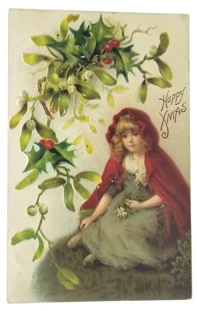 Vintage Christmas Postcard, Antique Holiday Card, Little Girl in Red Cape with Holly