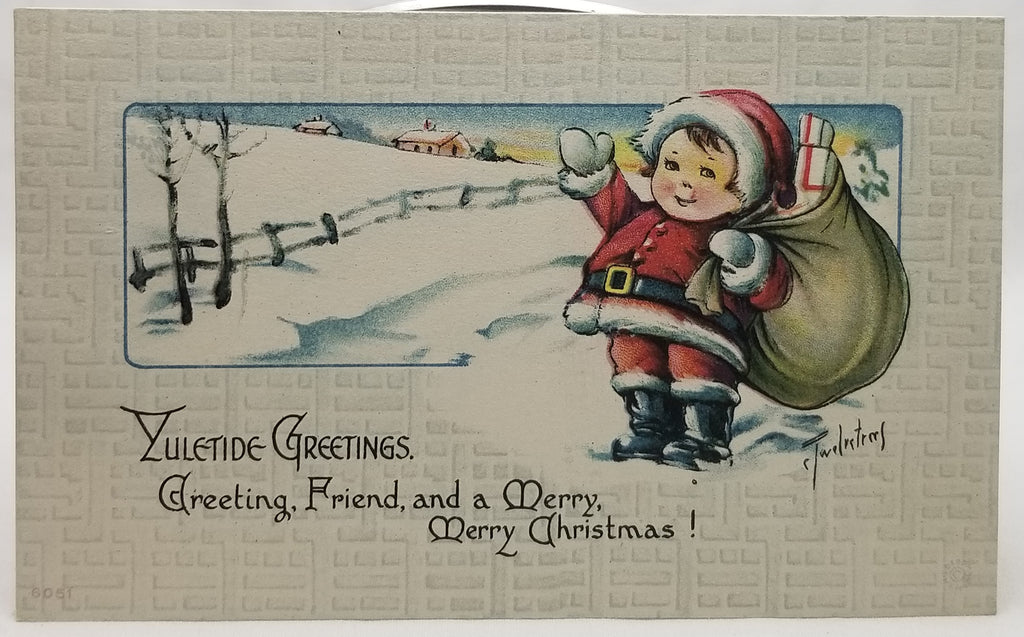 Vintage Christmas Postcard, Antique Holiday Card, Charles Twelvetrees Child in Santa Claus Suit with Gift Bag Dolly Dimple Sticker on Back