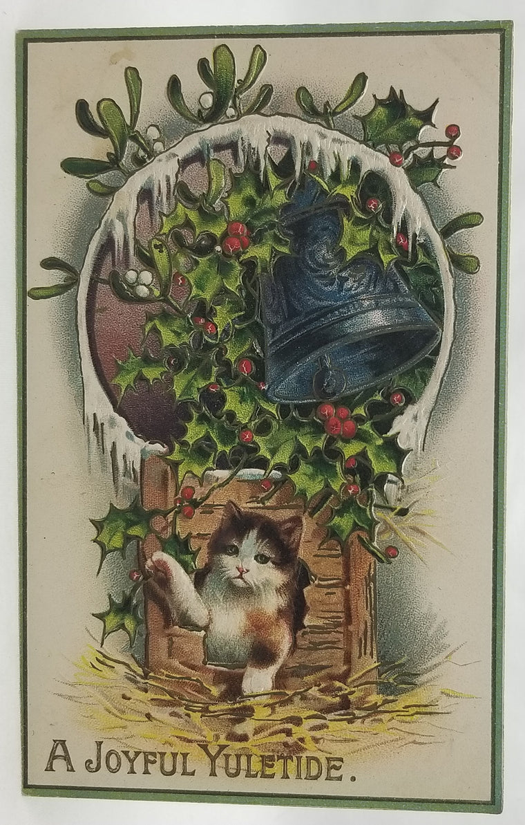 Christmas Postcard Kitty Cat Under Bell and Snow