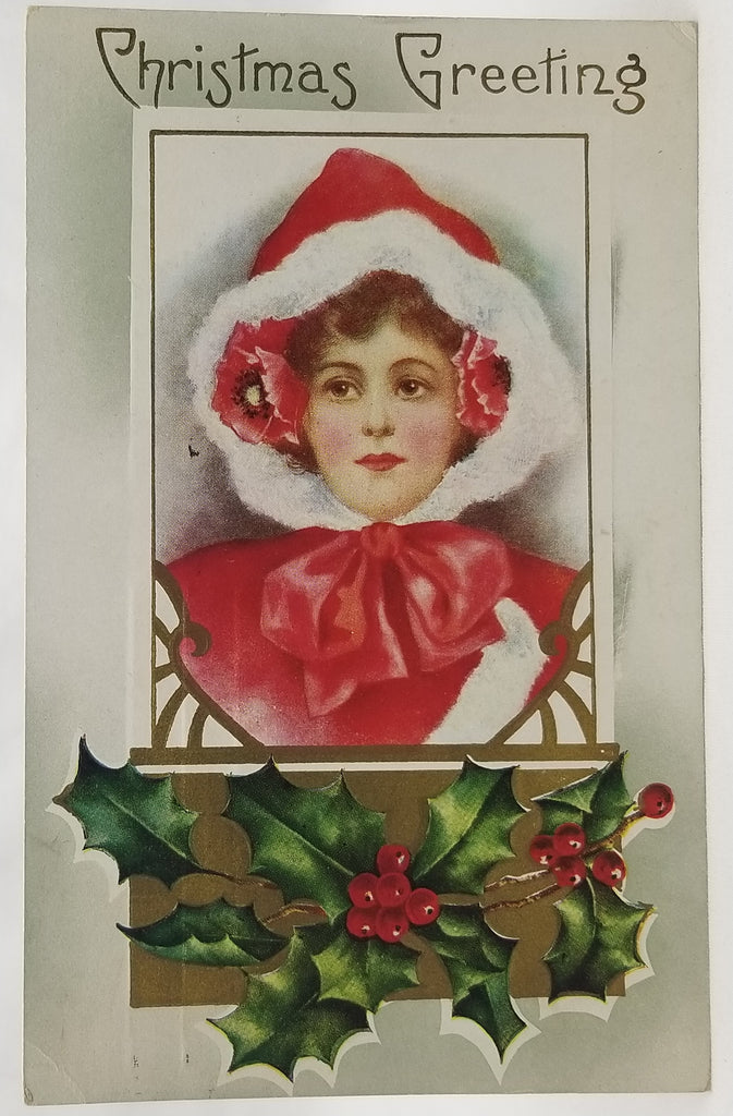 Vintage Antique Christmas Postcard Gibson Girl Style Woman in Red Hood with Holly Gold Highlights