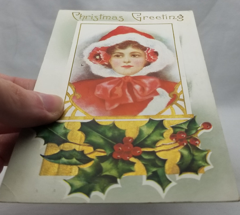 Vintage Antique Christmas Postcard Gibson Girl Style Woman in Red Hood with Holly Gold Highlights