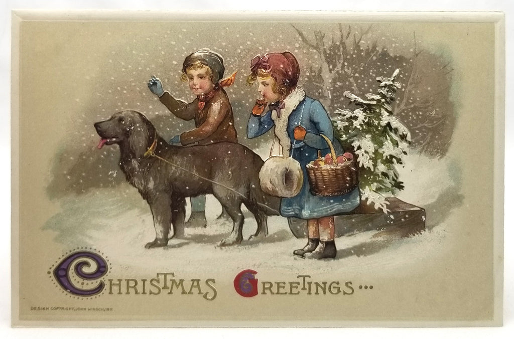 Vintage Christmas Postcard, Antique Holiday Card, Embossed with Children & Dog in Snow Pulling Sleigh John Winsch Pub