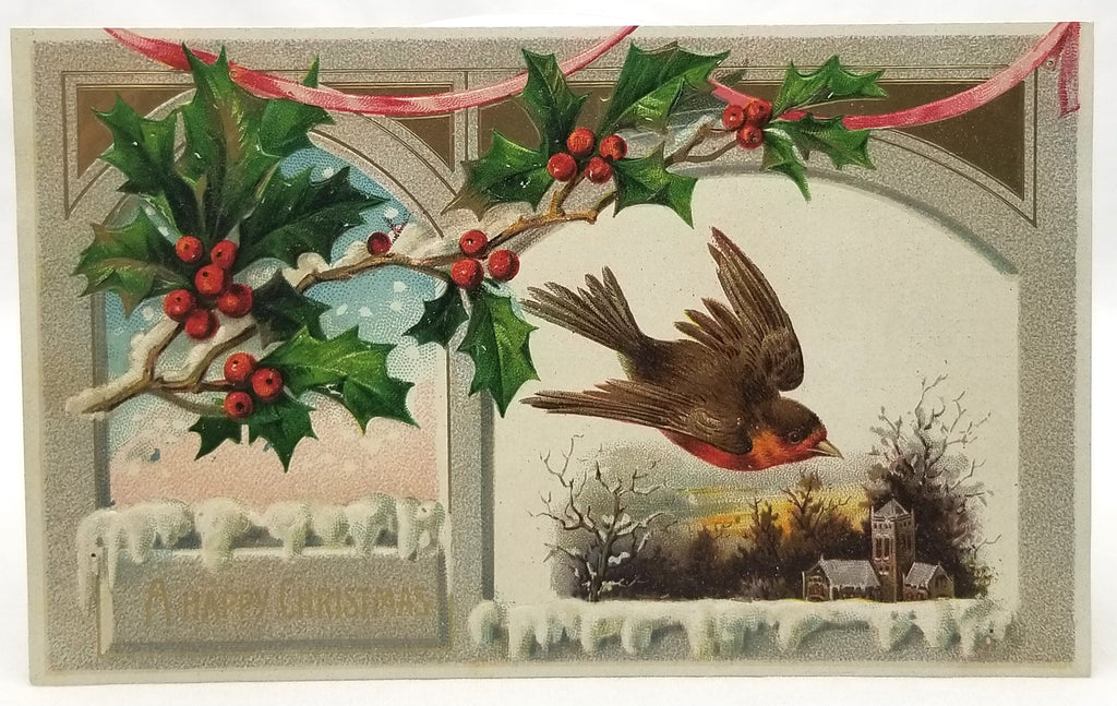 Vintage Christmas Postcard, Antique Holiday Card, Robin Flying Over Winter Landscape with Holly Germany