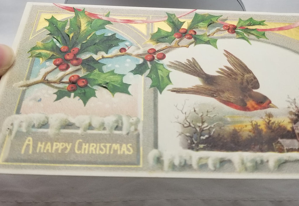 Vintage Christmas Postcard, Antique Holiday Card, Robin Flying Over Winter Landscape with Holly Germany