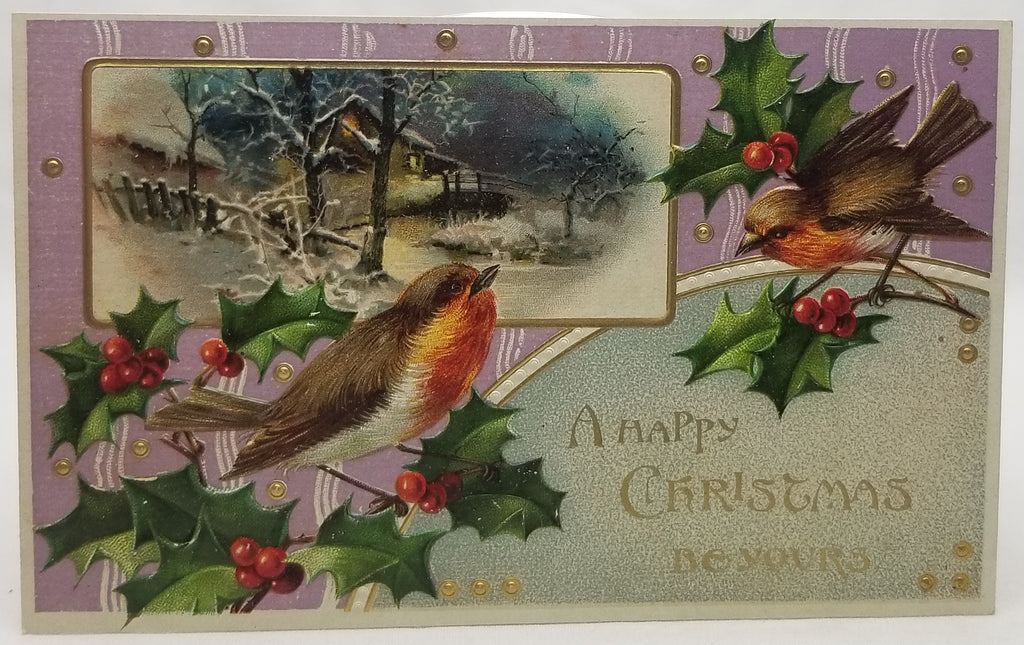 Vintage Christmas Postcard, Antique German Holiday Card Robin Birds in Landscape and Holly with Applied Gold Embellished Dots