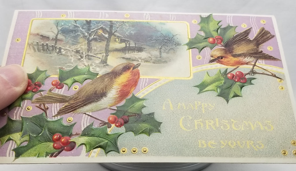 Vintage Christmas Postcard, Antique German Holiday Card Robin Birds in Landscape and Holly with Applied Gold Embellished Dots