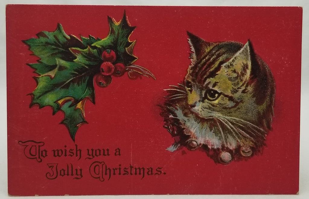 Vintage Christmas Postcard, Antique Holiday Card, Embossed Kitty Cat with Holly and Red Background