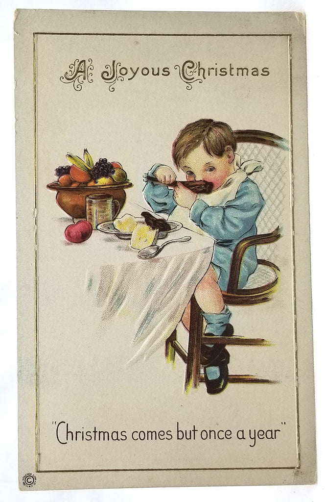 Vintage Christmas Postcard, Antique Holiday Card, Little Boy in Sailor Suit Enjoying Dinner at Table Series 315A