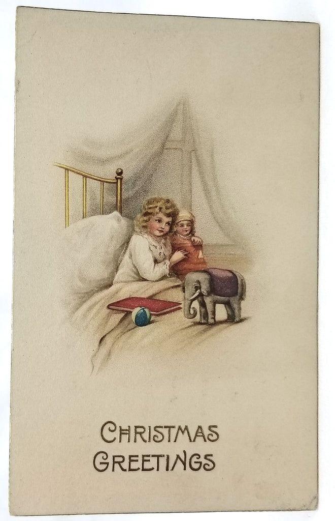 Vintage Christmas Postcard, Antique Holiday Card Embossed with Child Holding Doll Stuffed Toy Elephant Series 1286