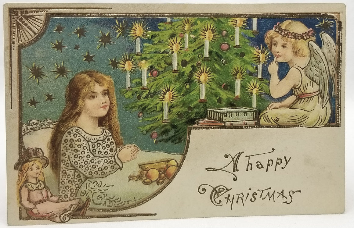 Vintage Christmas Postcard, Embossed  Antique Holiday German Post Card, Angel with Child Gold Embossed Tree Writing