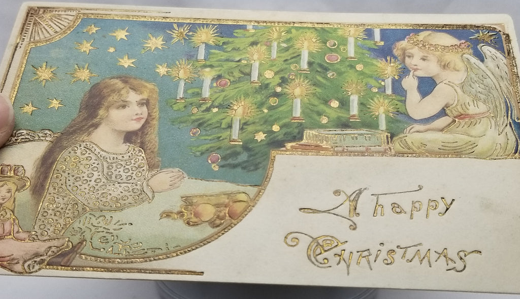 Vintage Christmas Postcard, Embossed  Antique Holiday German Post Card, Angel with Child Gold Embossed Tree Writing