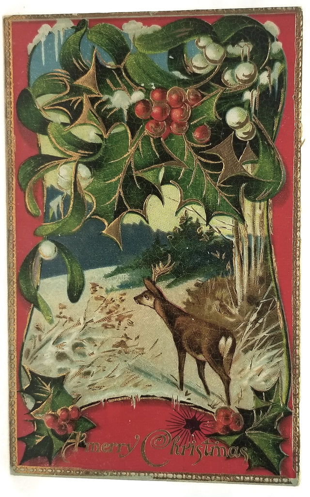 Vintage Christmas Postcard, Embossed  Antique Holiday Post Card, Stag Buck Deer in Winter Forest Gold Embossed Red Back Gel Finish