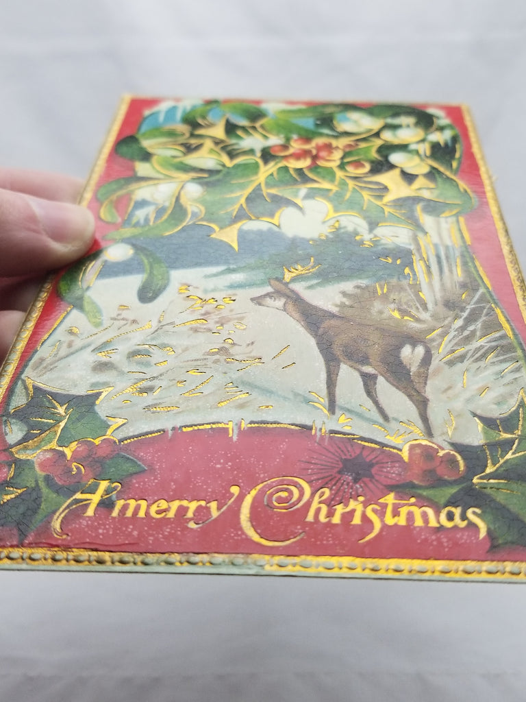 Vintage Christmas Postcard, Embossed  Antique Holiday Post Card, Stag Buck Deer in Winter Forest Gold Embossed Red Back Gel Finish