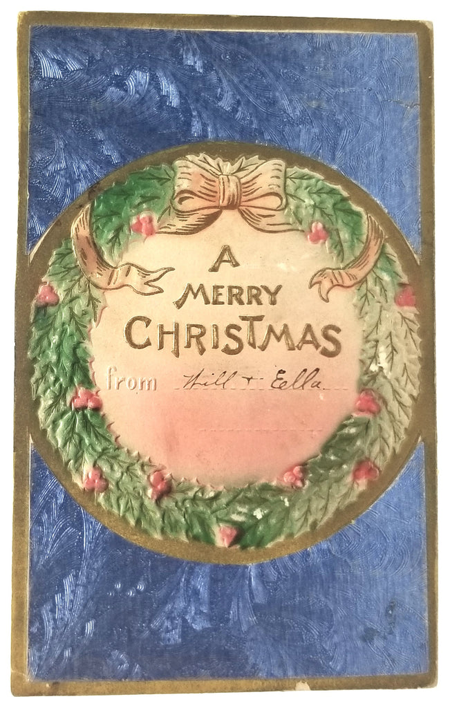 Vintage Christmas Postcard, Embossed  Antique Holiday German Post Card, Wreath with Gold Highlights Blue Foil Background