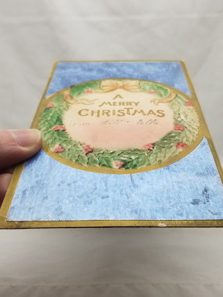 Vintage Christmas Postcard, Embossed  Antique Holiday German Post Card, Wreath with Gold Highlights Blue Foil Background