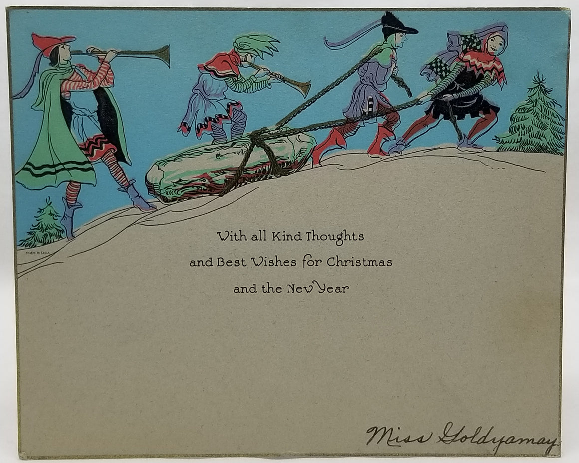 Vintage Christmas Greeting Card, Vintage Holiday Card, Art Deco Period Christmas Card, Jesters Kingsmen Pulling Sleigh in Snow