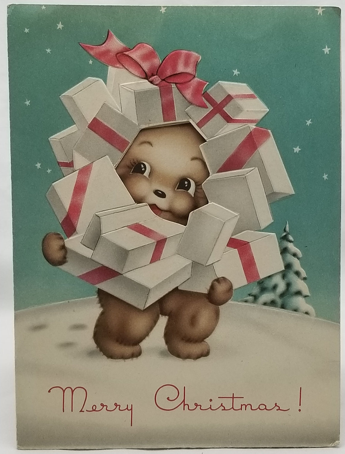 Vintage Christmas Greeting Card, Vintage Holiday Card, 1950s Card Teddy Bear Holding Presents Pop Out Head