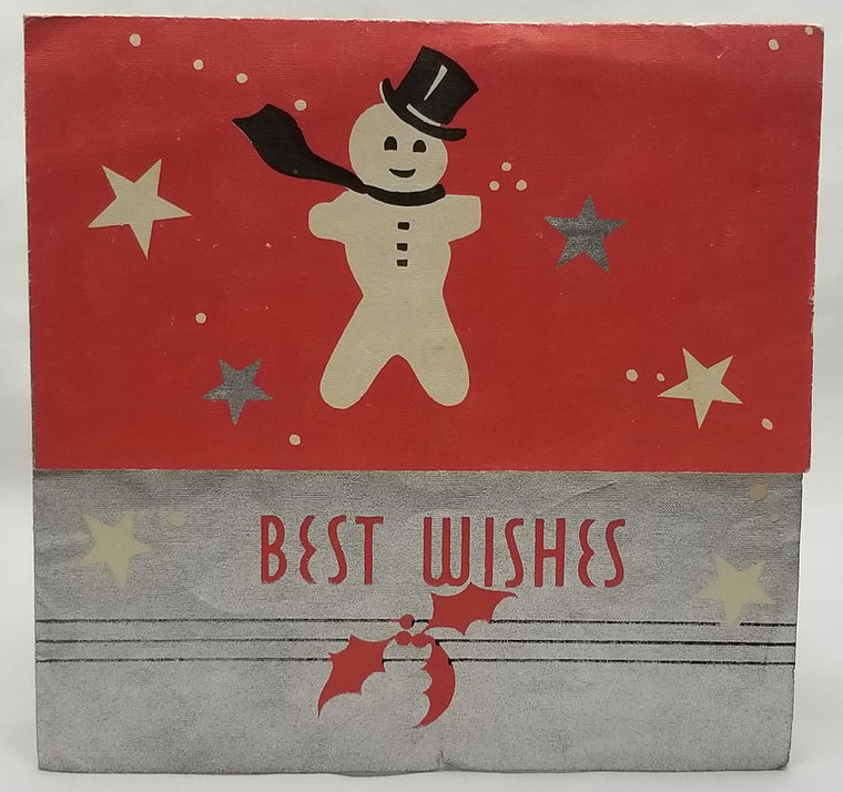 Vintage Christmas Greeting Card, Vintage Holiday Card, 1950s Card Snowman with Red and Silver Foil Background