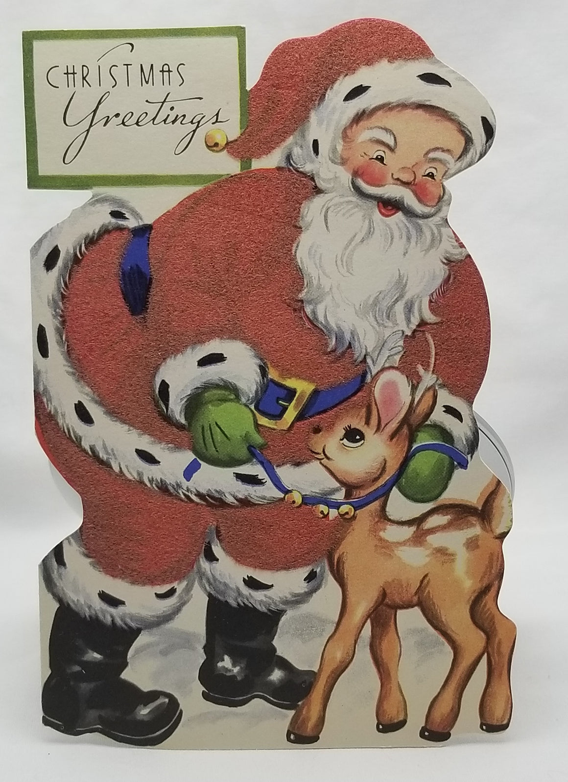 Vintage Christmas Greeting Card, Vintage Holiday Card, 1950s Die Cut Card, Santa Claus with Baby Deer Textured Suit