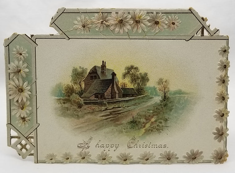 Vintage Christmas Greeting Card, Vintage Holiday Card, Die Cut Flowers and House Image Daisy Border, Raphael Tuck Card