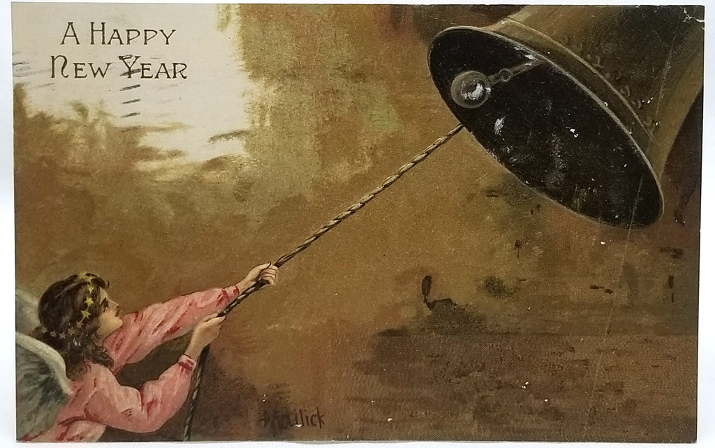 New Year's Postcard Angel Pulling Bell Artist Malick