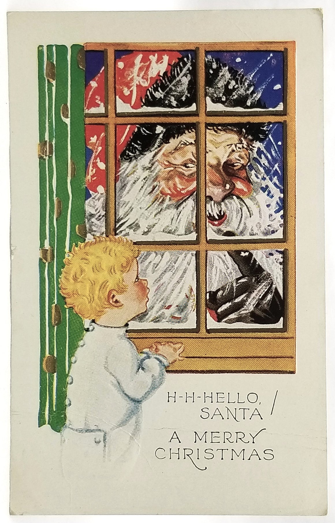 Vintage Christmas Postcard, Antique Holiday Card,  Santa Outside a Young Blonde Child's Window