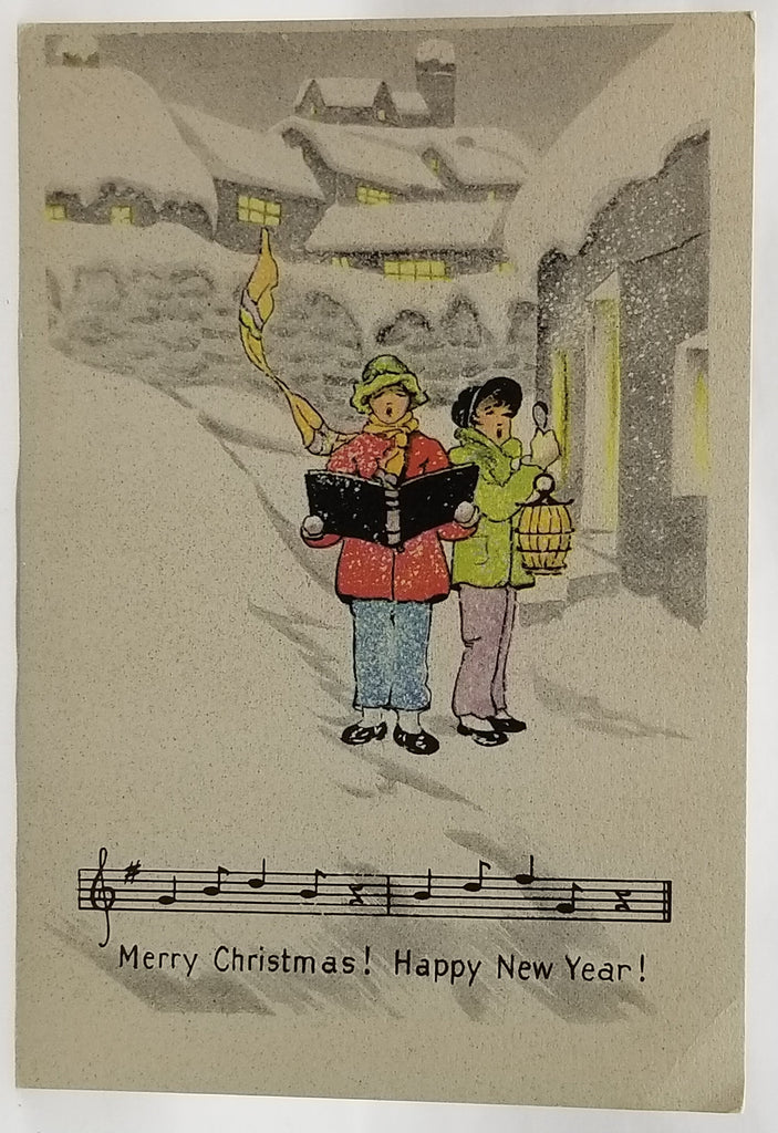 Vintage Christmas Greeting Card, Vintage Holiday Card, Art Deco Period Christmas Card, Children Caroling in Snow Covered Village