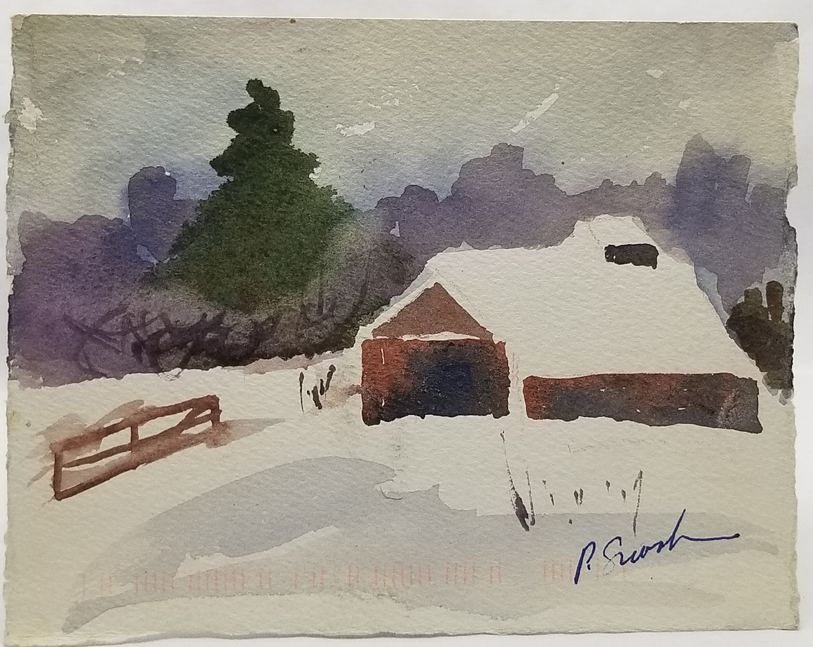 Handmade Vintage Watercolor Winter Scene with House Homemade Postcard, Vintage Christmas Greeting Card, Vintage Holiday Card