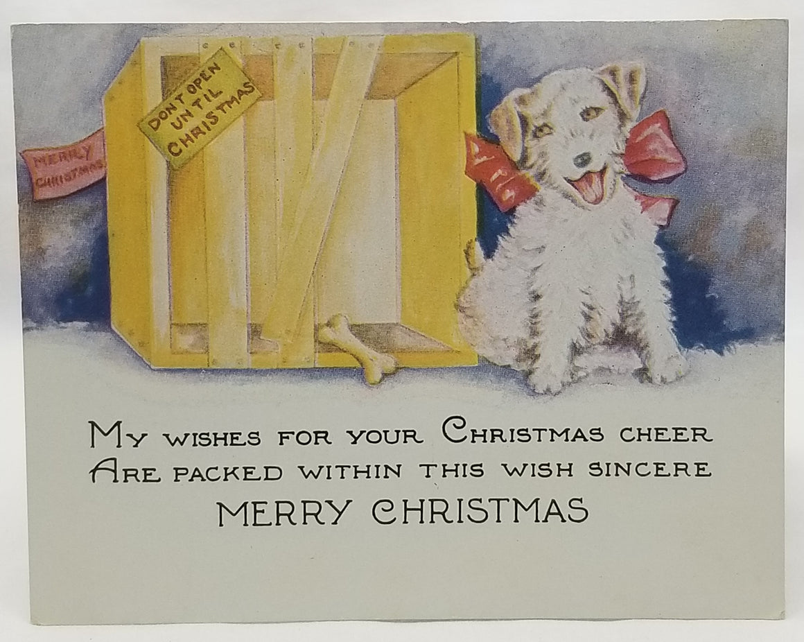 Vintage Christmas Greeting Card, Vintage Holiday Card, Art Deco Period Christmas Card, White Puppy Dog Don't Open Til Christmas